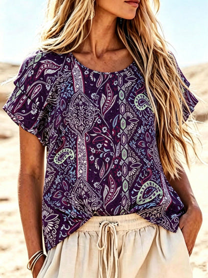 Linhara Plus Size Women's Vacation Style Cashew Flower Ruffle Sleeve Shirt, Summer
