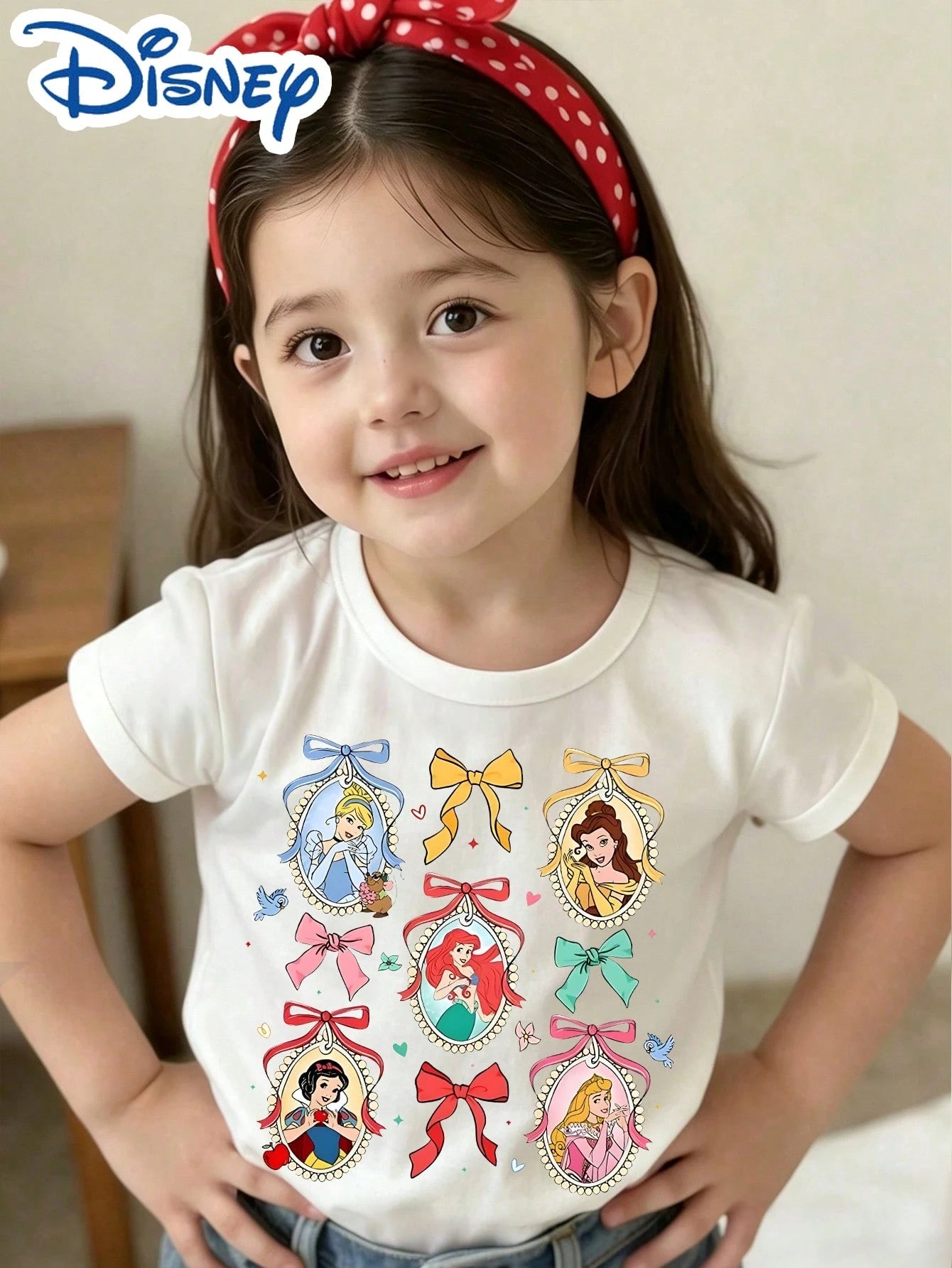 Little Girls Disney Princess Bow Frame Print Short Sleeve Tee, Cinderella Ariel Snow White Belle Graphic Crew Neck Summer Daily Top