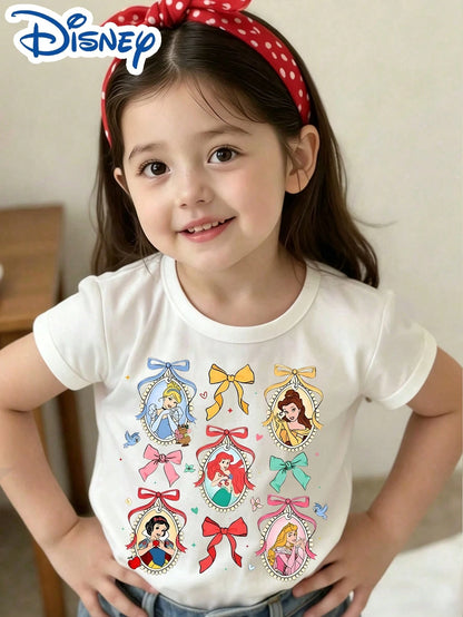 Little Girls Disney Princess Bow Frame Print Short Sleeve Tee, Cinderella Ariel Snow White Belle Graphic Crew Neck Summer Daily Top