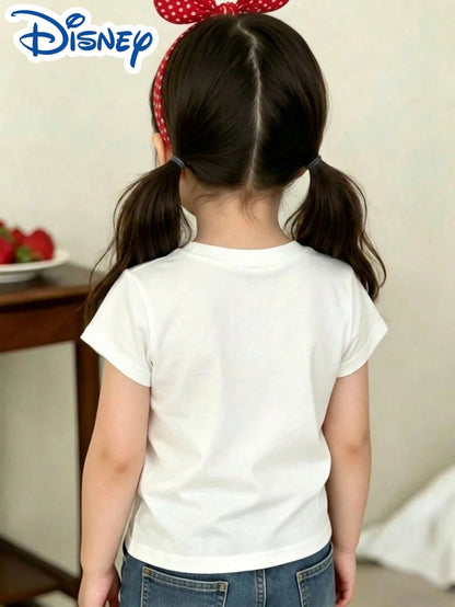 Little Girls Disney Princess Bow Frame Print Short Sleeve Tee, Cinderella Ariel Snow White Belle Graphic Crew Neck Summer Daily Top