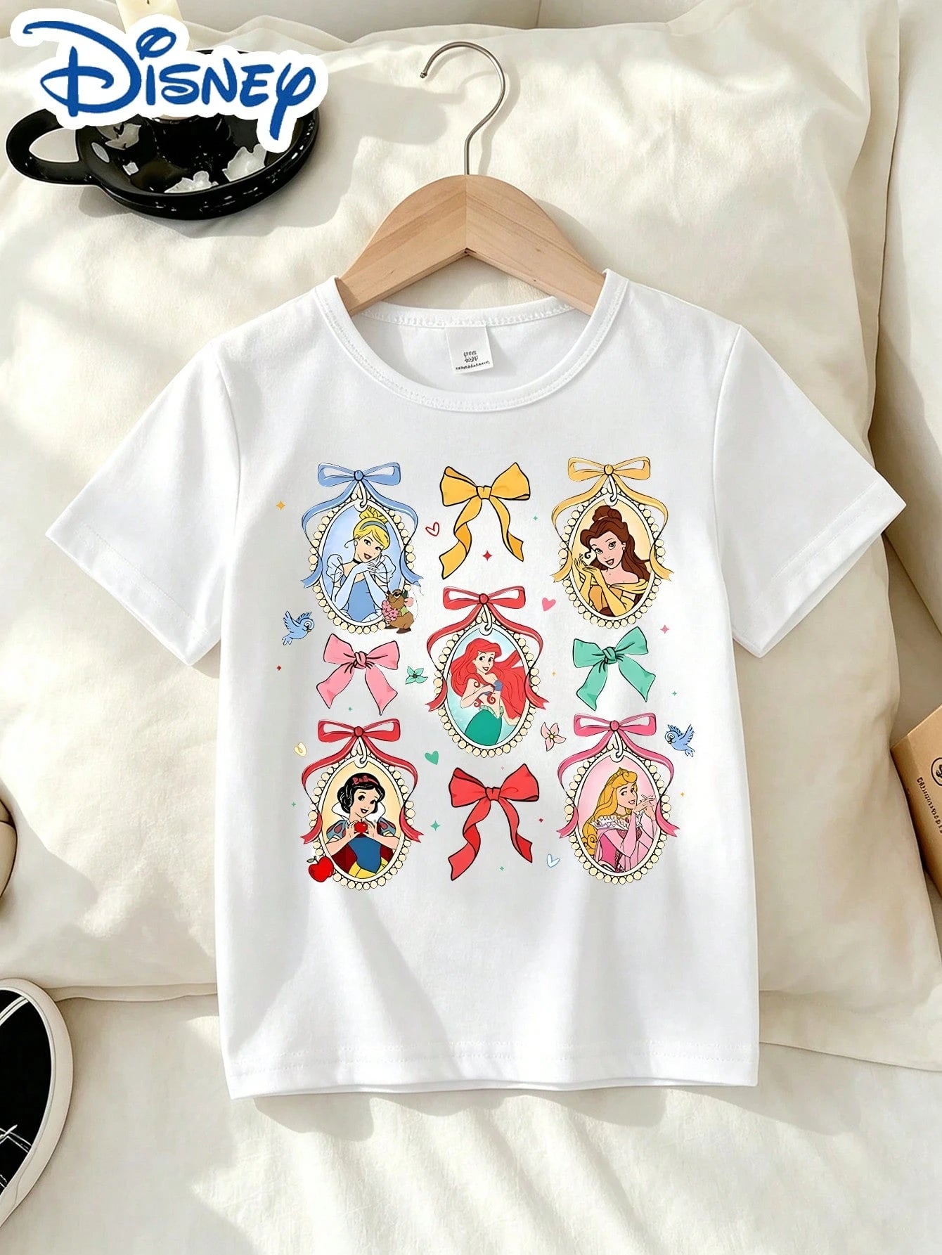 Little Girls Disney Princess Bow Frame Print Short Sleeve Tee, Cinderella Ariel Snow White Belle Graphic Crew Neck Summer Daily Top