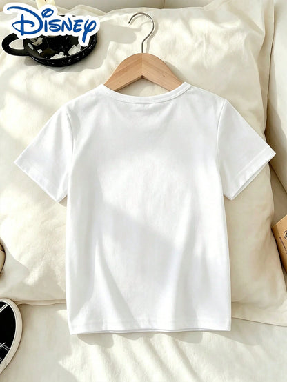 Little Girls Disney Princess Bow Frame Print Short Sleeve Tee, Cinderella Ariel Snow White Belle Graphic Crew Neck Summer Daily Top