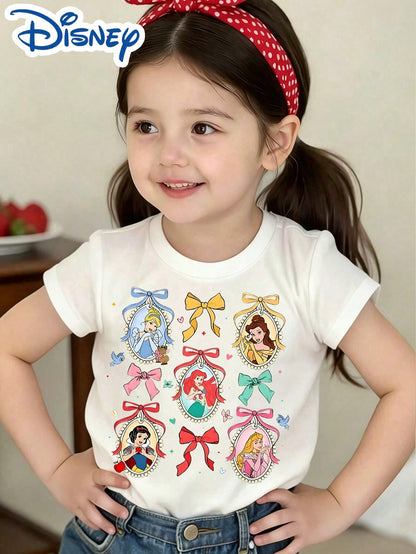 Little Girls Disney Princess Bow Frame Print Short Sleeve Tee, Cinderella Ariel Snow White Belle Graphic Crew Neck Summer Daily Top