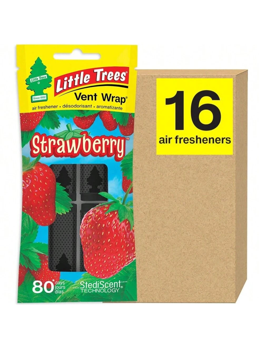 LITTLE TREES Car Air Freshener. Vent Wrap Provides Long-Lasting Scent, Slip On Vent Blade. Strawberry, 16 Air Fresheners, 4 Count (Pack Of 4)