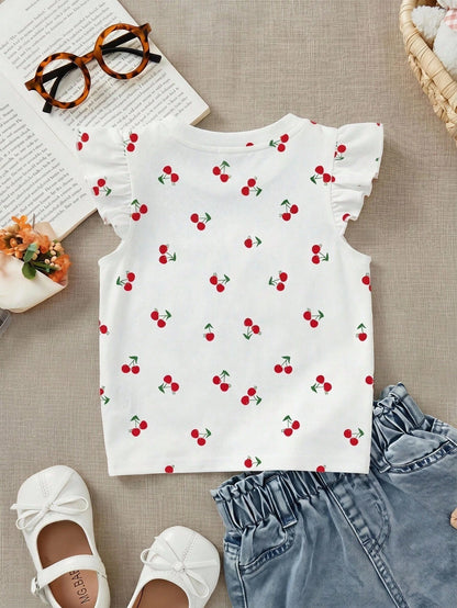 LMoss Kids Baby Girl Casual Fashion Cartoon Pattern Cute Flutter Sleeve Round Neck Top Suitable For Spring And Summer