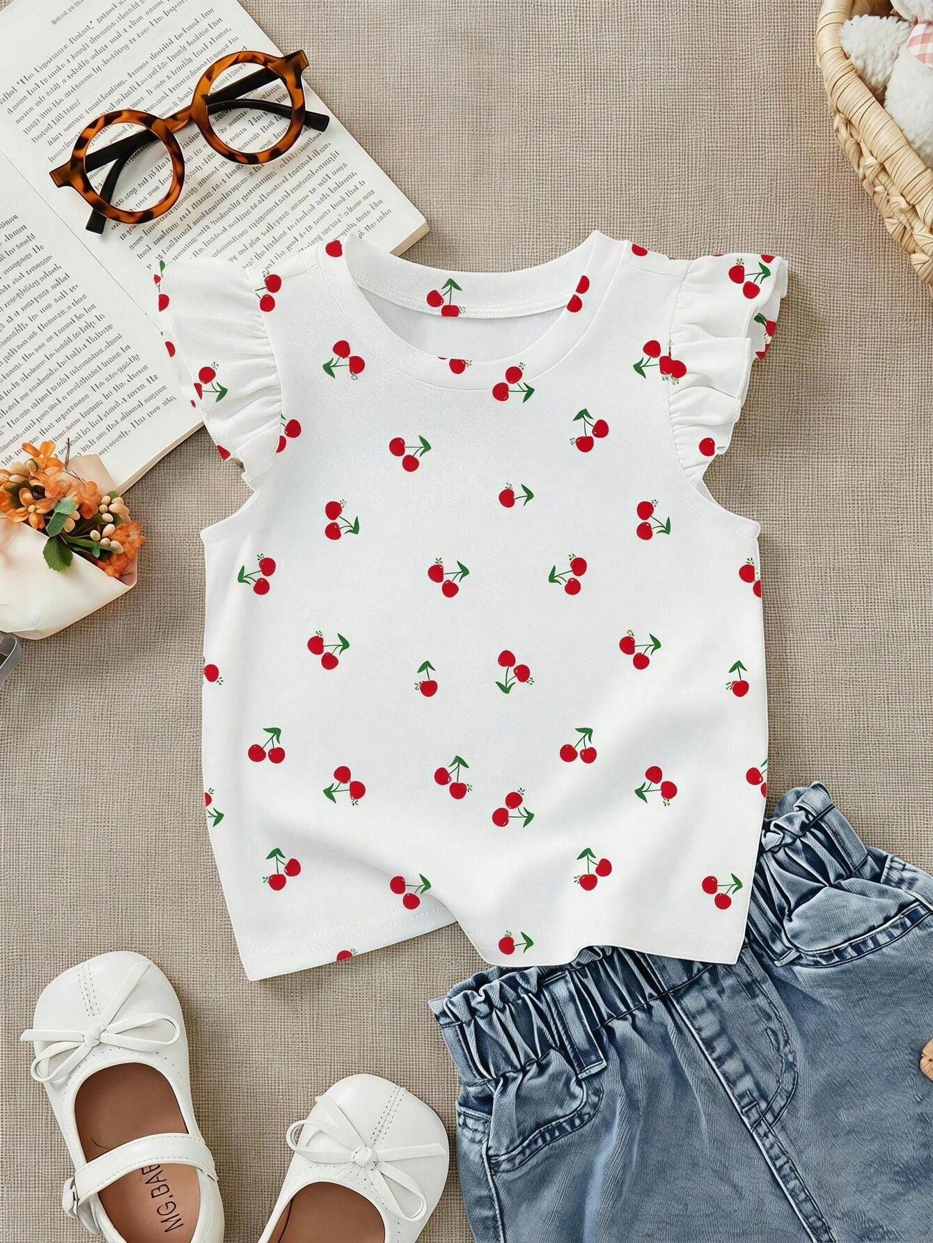 LMoss Kids Baby Girl Casual Fashion Cartoon Pattern Cute Flutter Sleeve Round Neck Top Suitable For Spring And Summer