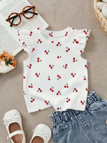LMoss Kids Baby Girl Casual Fashion Cartoon Pattern Cute Flutter Sleeve Round Neck Top Suitable For Spring And Summer