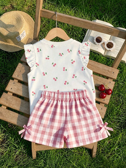 LMoss Kids Baby Girl Casual Fashion Cartoon Pattern Cute Flutter Sleeve Round Neck Top Suitable For Spring And Summer