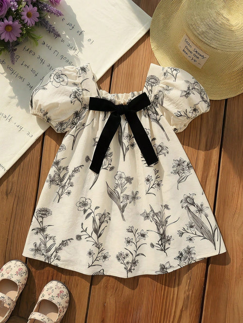 LMoss Kids Baby Girl Woven Ditsy Floral Square Neck Puff Sleeve Casual Dress