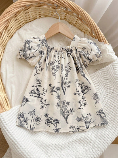 LMoss Kids Baby Girl Woven Ditsy Floral Square Neck Puff Sleeve Casual Dress