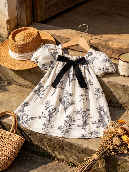 LMoss Kids Baby Girl Woven Ditsy Floral Square Neck Puff Sleeve Casual Dress