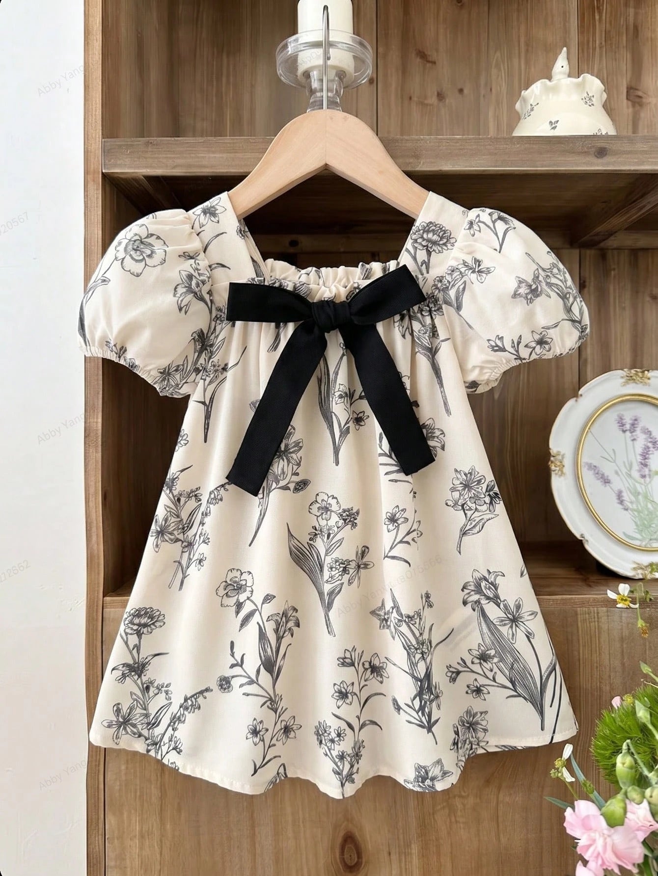 LMoss Kids Baby Girl Woven Ditsy Floral Square Neck Puff Sleeve Casual Dress