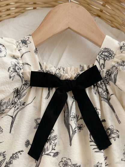LMoss Kids Baby Girl Woven Ditsy Floral Square Neck Puff Sleeve Casual Dress