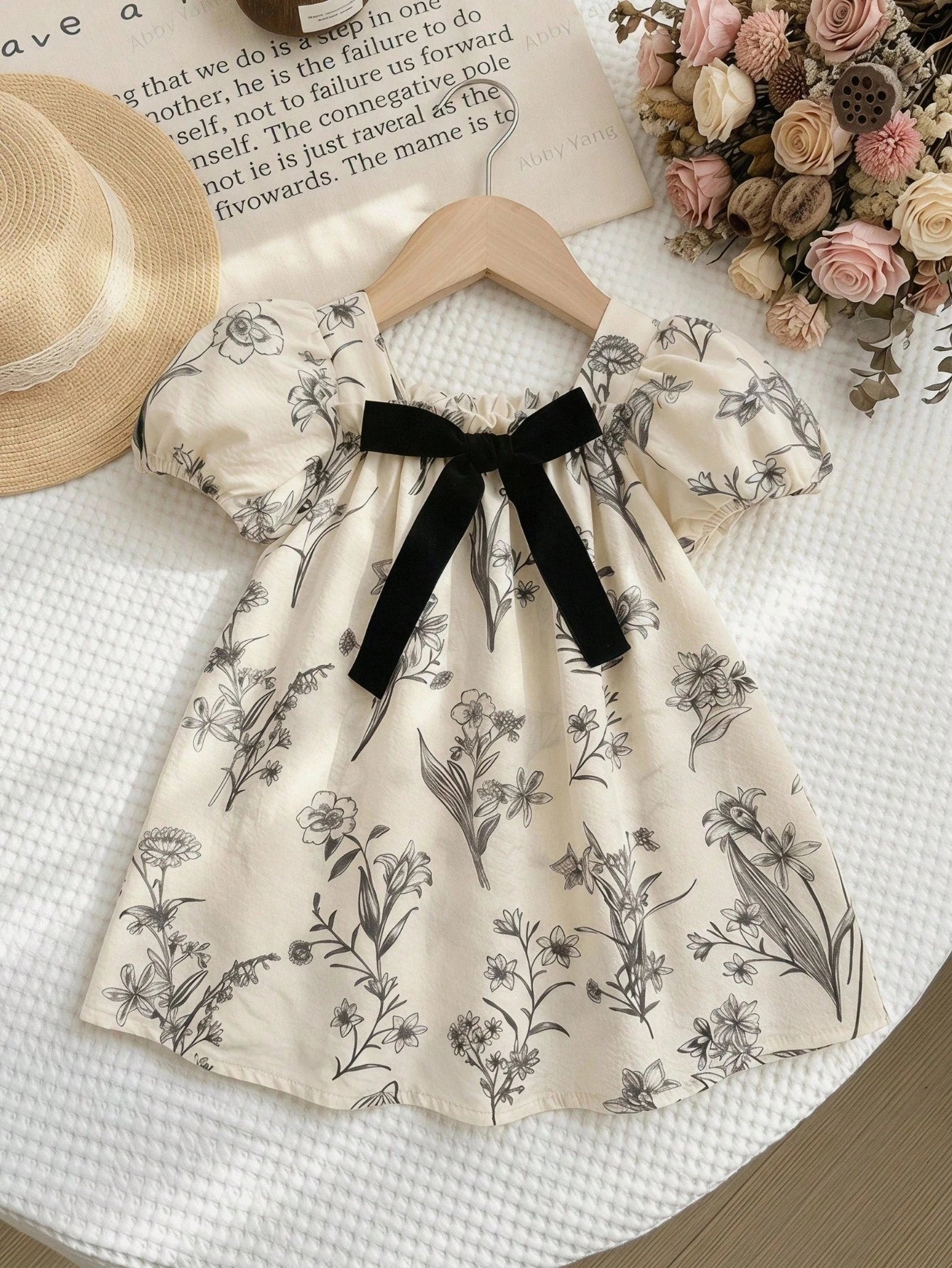 LMoss Kids Baby Girl Woven Ditsy Floral Square Neck Puff Sleeve Casual Dress