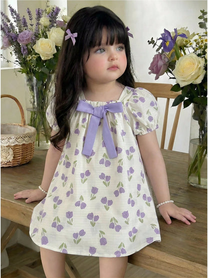 LMoss Kids Baby Girl Woven Ditsy Floral Square Neck Puff Sleeve Casual Dress