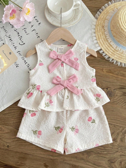 LMoss Kids Babygirl Cute Floral Print Camisole And Elastic Waist Shorts Set, Summer