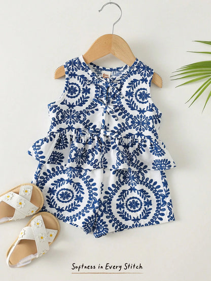 LMoss Kids Babygirl Cute Floral Print Camisole And Elastic Waist Shorts Set, Summer