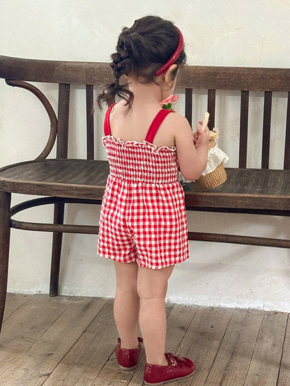 LMoss Kids Cute Babygirl Strawberry Plaid Sleeveless Romper, Summer Casual
