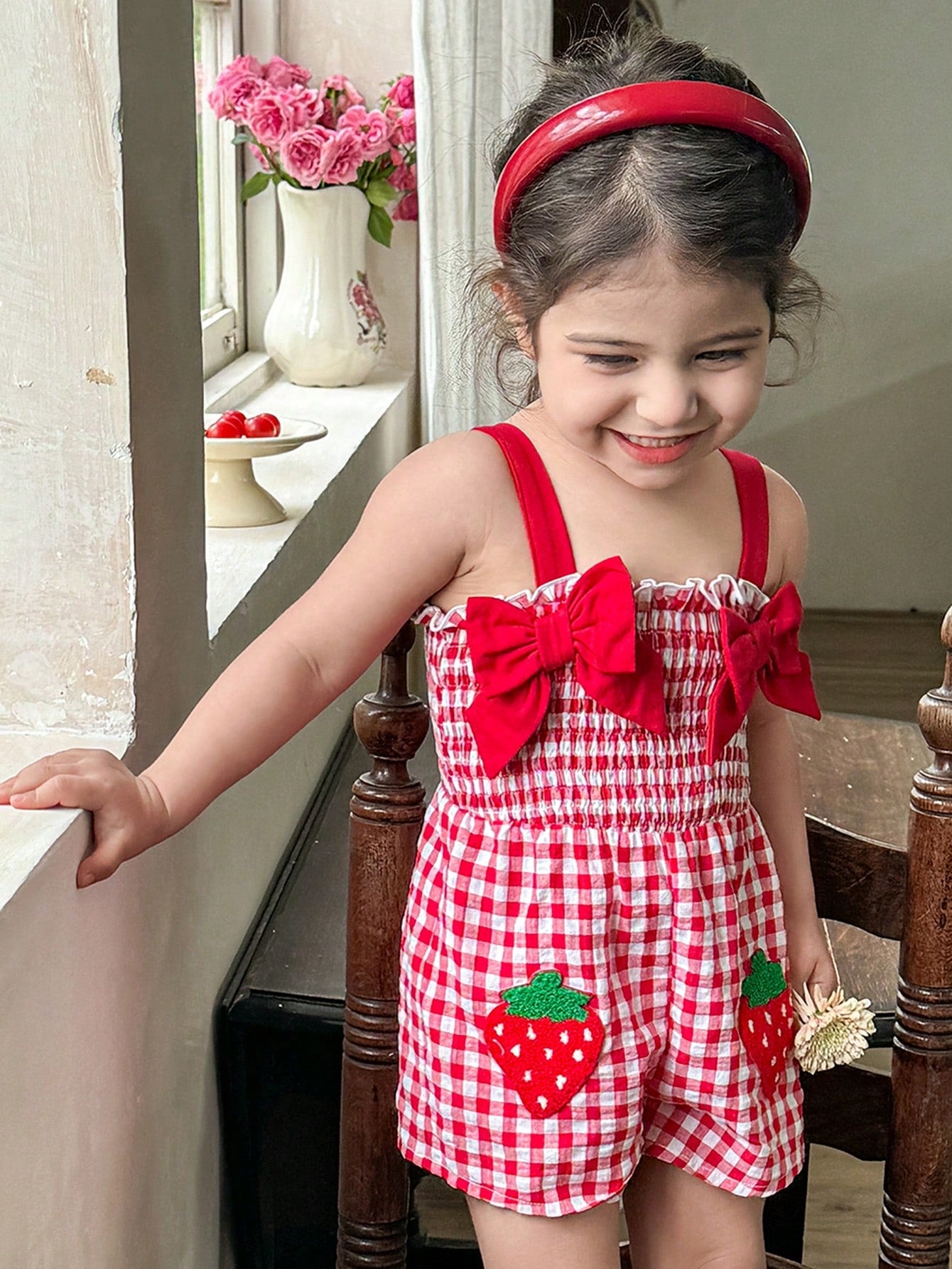 LMoss Kids Cute Babygirl Strawberry Plaid Sleeveless Romper, Summer Casual