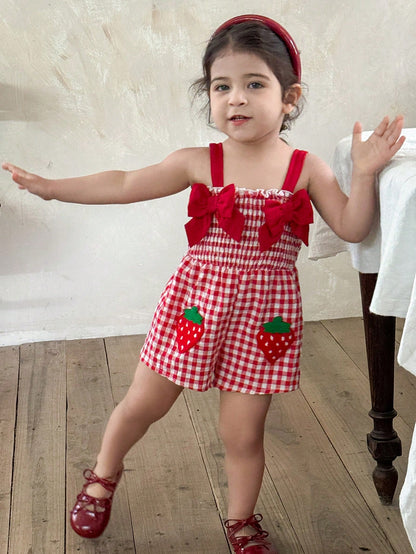 LMoss Kids Cute Babygirl Strawberry Plaid Sleeveless Romper, Summer Casual