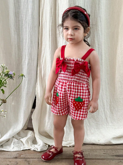 LMoss Kids Cute Babygirl Strawberry Plaid Sleeveless Romper, Summer Casual