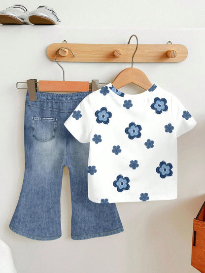LMoss Kids Cute White Retro Floral Baby Girl 2-Piece Set,Short Sleeve Round Neck T-Shirt And Flowy Flare Pants,Casual Summer Vacation Outfits,Loose Daily Wear