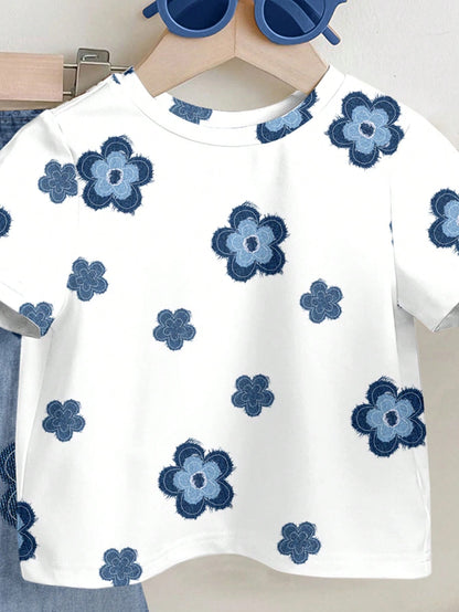 LMoss Kids Cute White Retro Floral Baby Girl 2-Piece Set,Short Sleeve Round Neck T-Shirt And Flowy Flare Pants,Casual Summer Vacation Outfits,Loose Daily Wear