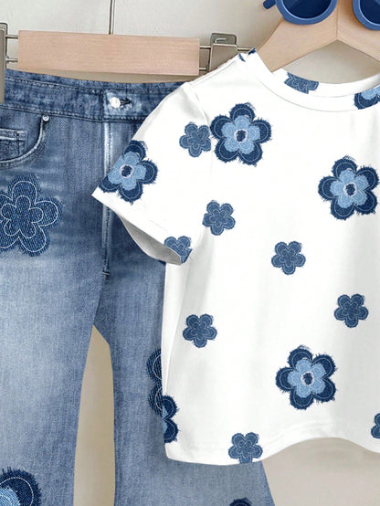 LMoss Kids Cute White Retro Floral Baby Girl 2-Piece Set,Short Sleeve Round Neck T-Shirt And Flowy Flare Pants,Casual Summer Vacation Outfits,Loose Daily Wear