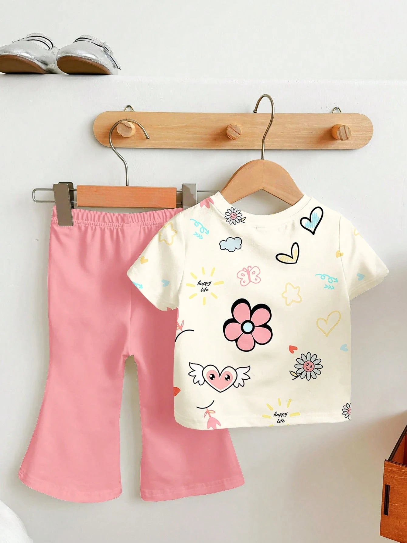 LMoss Kids Cute White Retro Floral Baby Girl 2-Piece Set,Short Sleeve Round Neck T-Shirt And Flowy Flare Pants,Casual Summer Vacation Outfits,Loose Daily Wear