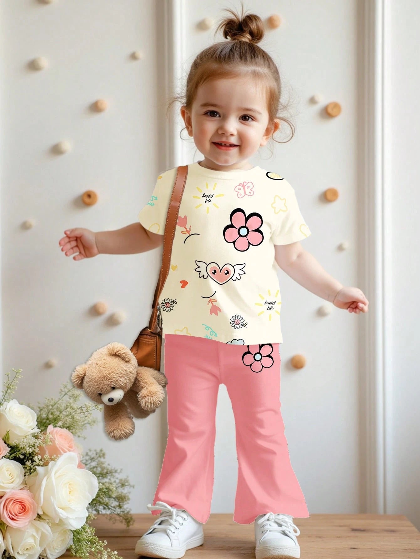 LMoss Kids Cute White Retro Floral Baby Girl 2-Piece Set,Short Sleeve Round Neck T-Shirt And Flowy Flare Pants,Casual Summer Vacation Outfits,Loose Daily Wear