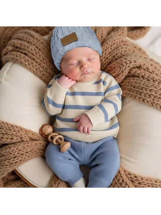 Loomiva Newborn Baby Girl Boy Colorful Striped Crew Neck Long Sleeve Sweater And Elastic Waist Winter Pants 2-Piece Set,Beige Autumn Modest Knitted Outfit