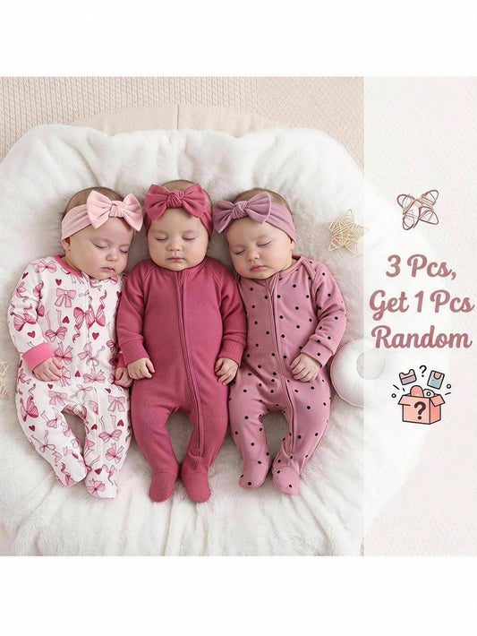 Loomiva Newborn Baby Girl Sweet Bow & Heart Pink Pattern Soft Knit Round Neck Long Sleeve Home Bodysuit & Pants 3 Pcs, Get 1pc Random