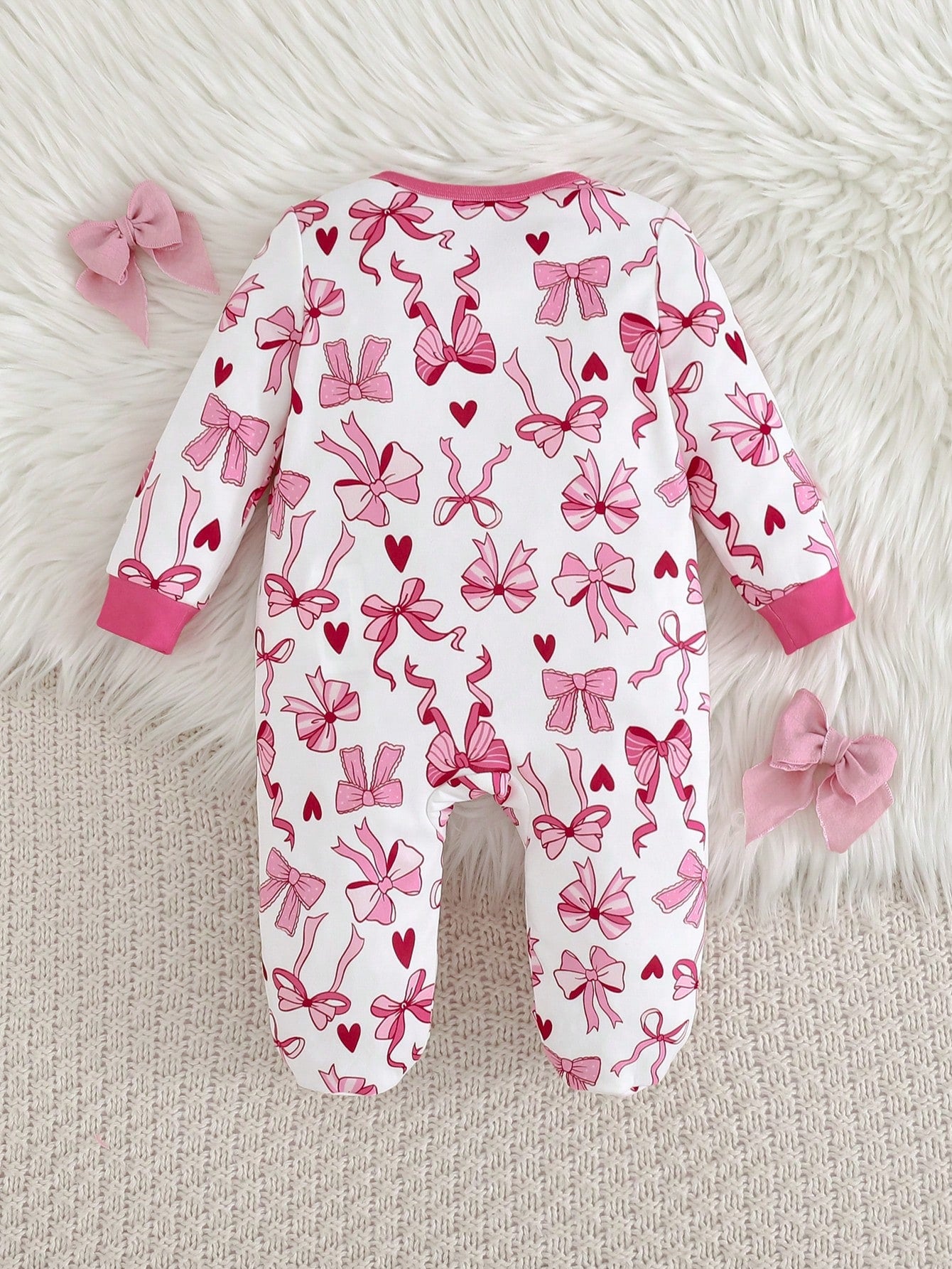 Loomiva Newborn Baby Girl Sweet Bow & Heart Pink Pattern Soft Knit Round Neck Long Sleeve Home Bodysuit & Pants 3 Pcs, Get 1pc Random