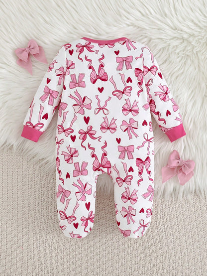 Loomiva Newborn Baby Girl Sweet Bow & Heart Pink Pattern Soft Knit Round Neck Long Sleeve Home Bodysuit & Pants 3 Pcs, Get 1pc Random