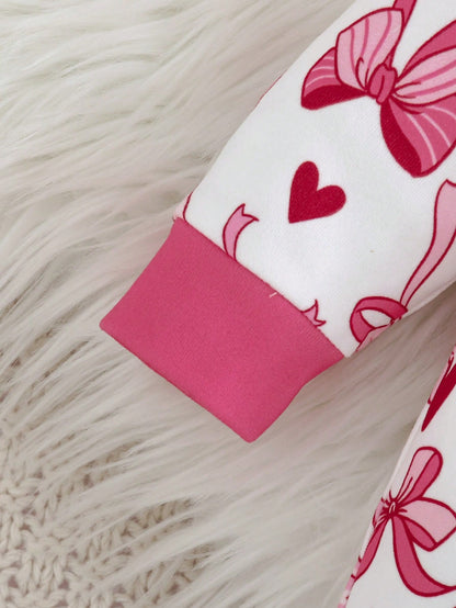 Loomiva Newborn Baby Girl Sweet Bow & Heart Pink Pattern Soft Knit Round Neck Long Sleeve Home Bodysuit & Pants 3 Pcs, Get 1pc Random