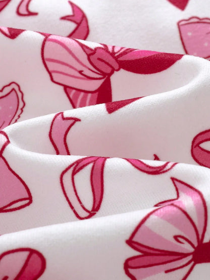 Loomiva Newborn Baby Girl Sweet Bow & Heart Pink Pattern Soft Knit Round Neck Long Sleeve Home Bodysuit & Pants 3 Pcs, Get 1pc Random