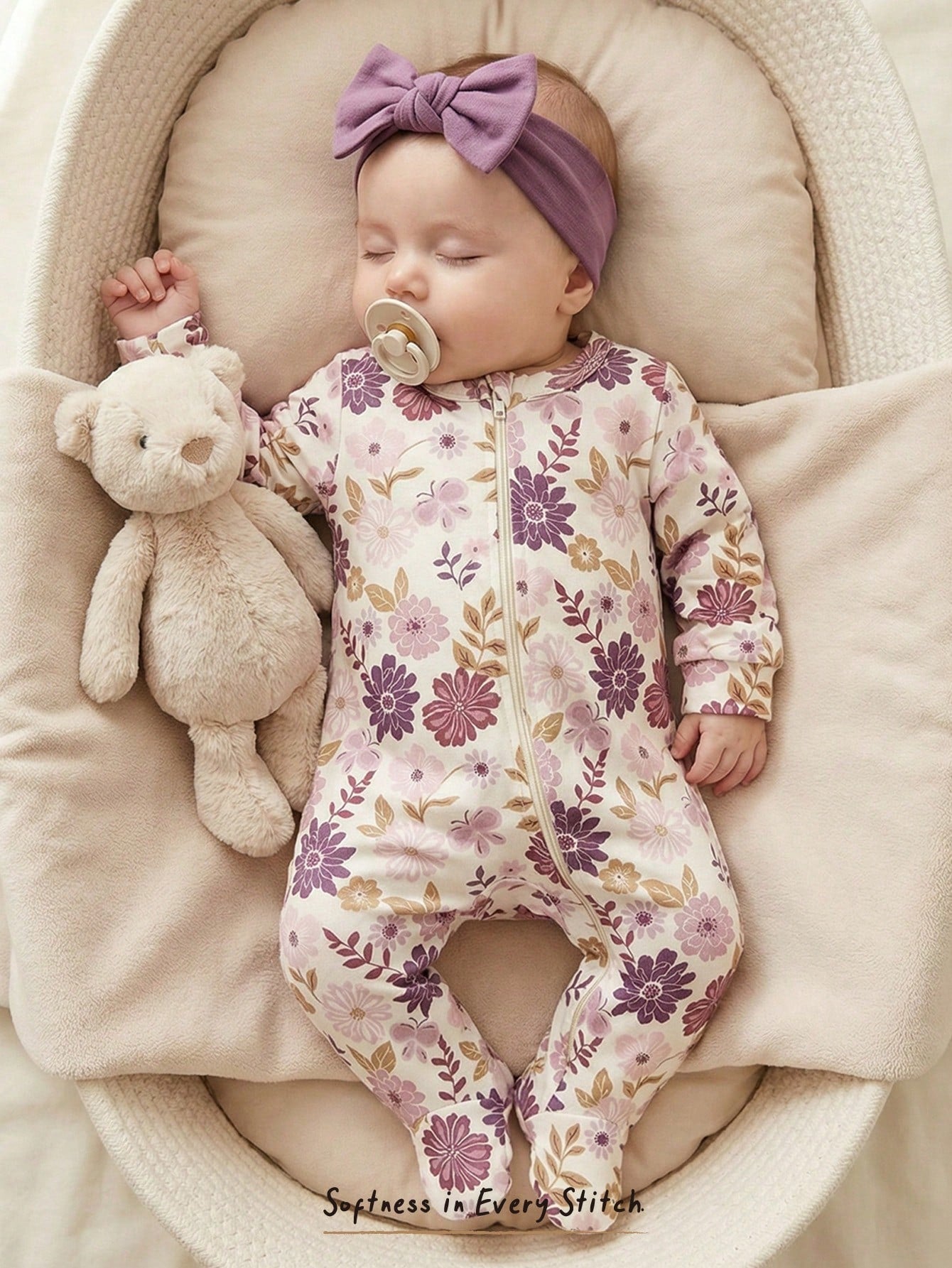 Loomiva Newborn Baby Girl Sweet Bow & Heart Pink Pattern Soft Knit Round Neck Long Sleeve Home Bodysuit & Pants 3 Pcs, Get 1pc Random