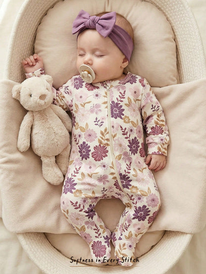 Loomiva Newborn Baby Girl Sweet Bow & Heart Pink Pattern Soft Knit Round Neck Long Sleeve Home Bodysuit & Pants 3 Pcs, Get 1pc Random