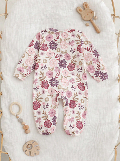 Loomiva Newborn Baby Girl Sweet Bow & Heart Pink Pattern Soft Knit Round Neck Long Sleeve Home Bodysuit & Pants 3 Pcs, Get 1pc Random