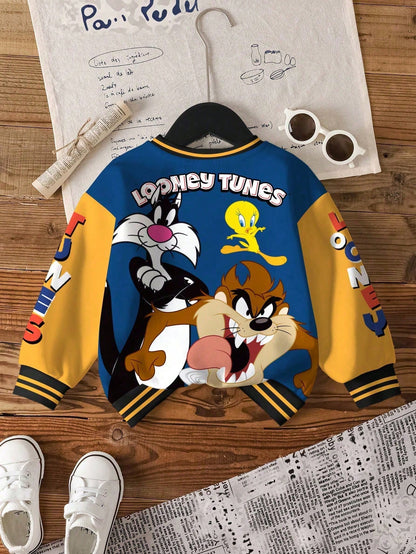 LOONEY TUNES X Baby Boy Casual Colorblock Letter & Cartoon Graphic Crew Neck Sweatshirt, Autumn
