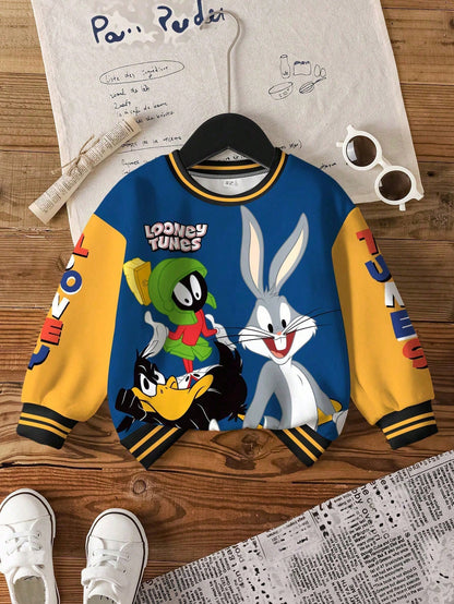 LOONEY TUNES X Baby Boy Casual Colorblock Letter & Cartoon Graphic Crew Neck Sweatshirt, Autumn