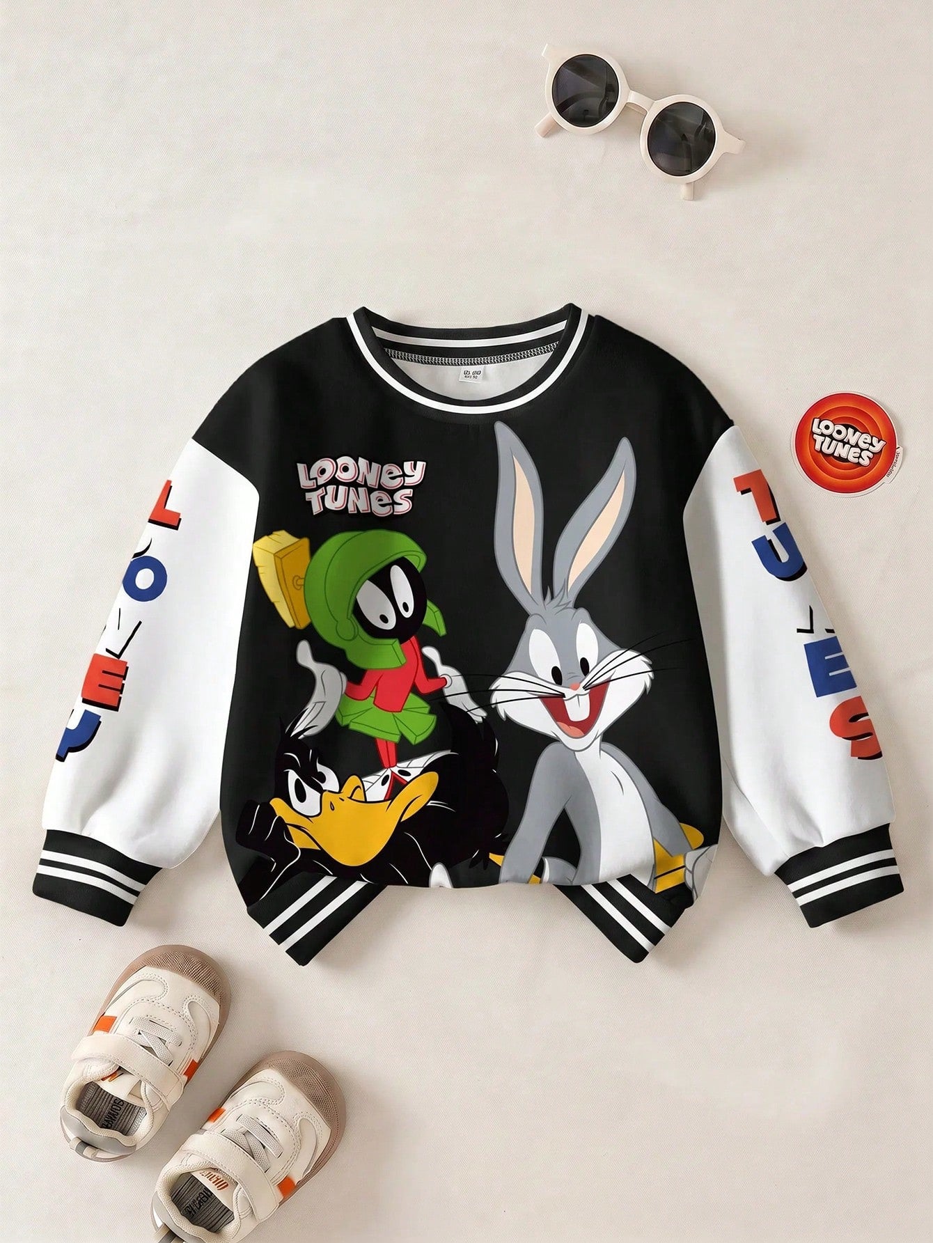 LOONEY TUNES X Baby Boy Casual Colorblock Letter & Cartoon Graphic Crew Neck Sweatshirt, Autumn