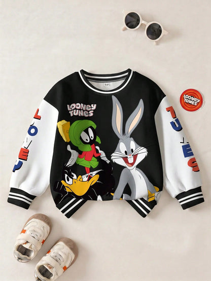 LOONEY TUNES X Baby Boy Casual Colorblock Letter & Cartoon Graphic Crew Neck Sweatshirt, Autumn