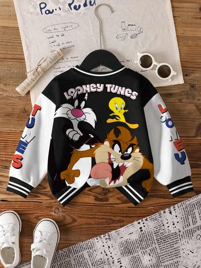 LOONEY TUNES X Baby Boy Casual Colorblock Letter & Cartoon Graphic Crew Neck Sweatshirt, Autumn