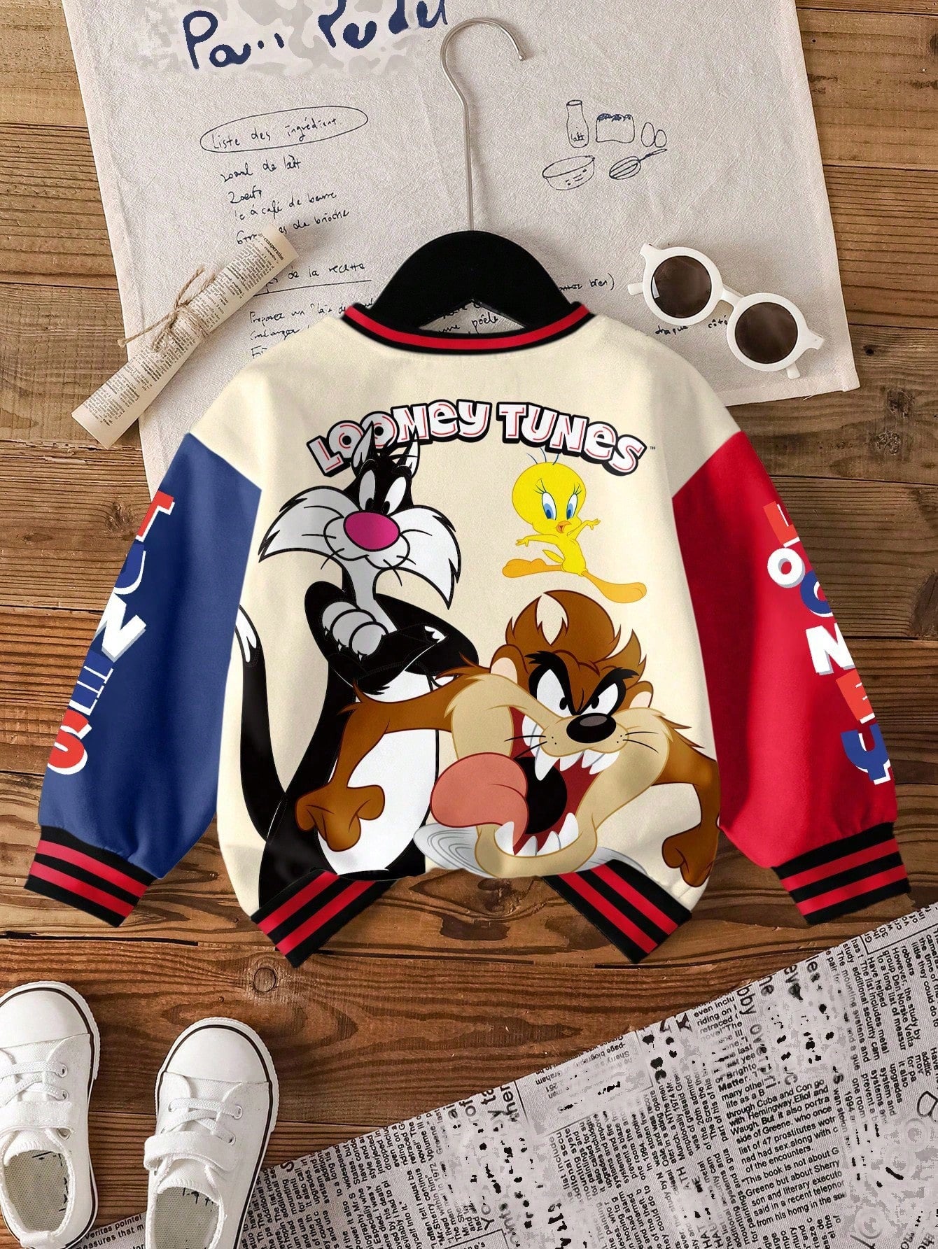 LOONEY TUNES X Baby Boy Casual Daily Commute Fashion Street Cartoon Letter Print Contrast Color Dropped Shoulder Loose Fleece Warm Crew Neck Sweatshirt, Autumn/Winter