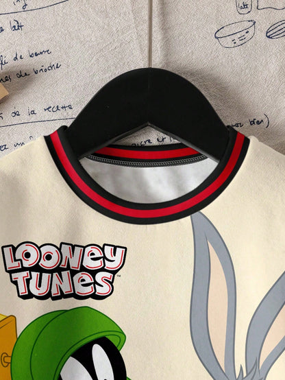 LOONEY TUNES X Baby Boy Casual Daily Commute Fashion Street Cartoon Letter Print Contrast Color Dropped Shoulder Loose Fleece Warm Crew Neck Sweatshirt, Autumn/Winter