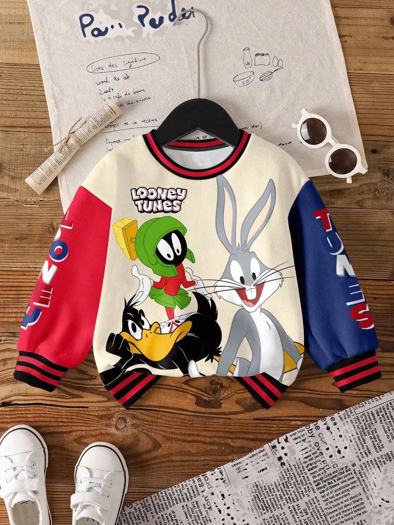 LOONEY TUNES X Baby Boy Casual Daily Commute Fashion Street Cartoon Letter Print Contrast Color Dropped Shoulder Loose Fleece Warm Crew Neck Sweatshirt, Autumn/Winter