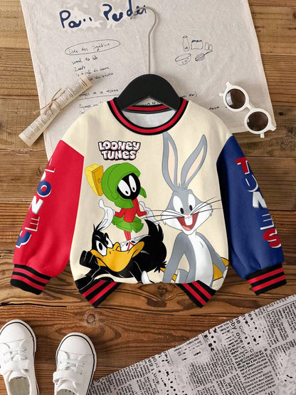 LOONEY TUNES X Baby Boy Casual Daily Commute Fashion Street Cartoon Letter Print Contrast Color Dropped Shoulder Loose Fleece Warm Crew Neck Sweatshirt, Autumn/Winter