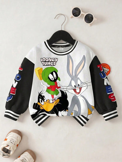 LOONEY TUNES X Baby Boy Casual Daily Commute Fashion Street Cartoon Letter Print Contrast Color Dropped Shoulder Loose Fleece Warm Crew Neck Sweatshirt, Autumn/Winter