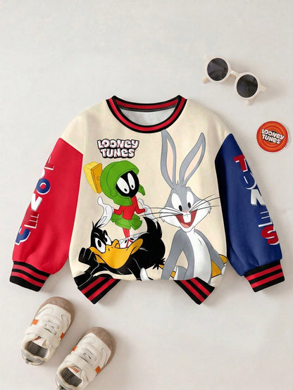 LOONEY TUNES X Baby Boy Casual Daily Commute Fashion Street Cartoon Letter Print Contrast Color Dropped Shoulder Loose Fleece Warm Crew Neck Sweatshirt, Autumn/Winter